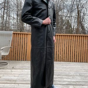 Full length black genuine leather trench coat matrix goth cosplay